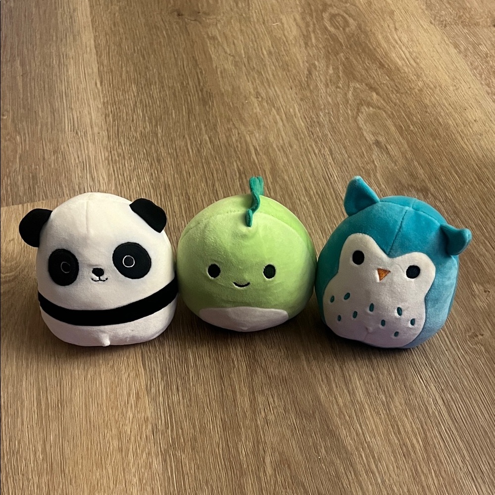 Squishmallows Panda, Green Dino, and Blue Owl Set